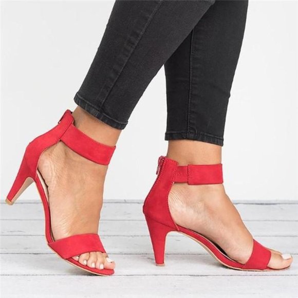 Shoes - Open Toe Ankle Strap Zippered Stilettos - Red 9.5